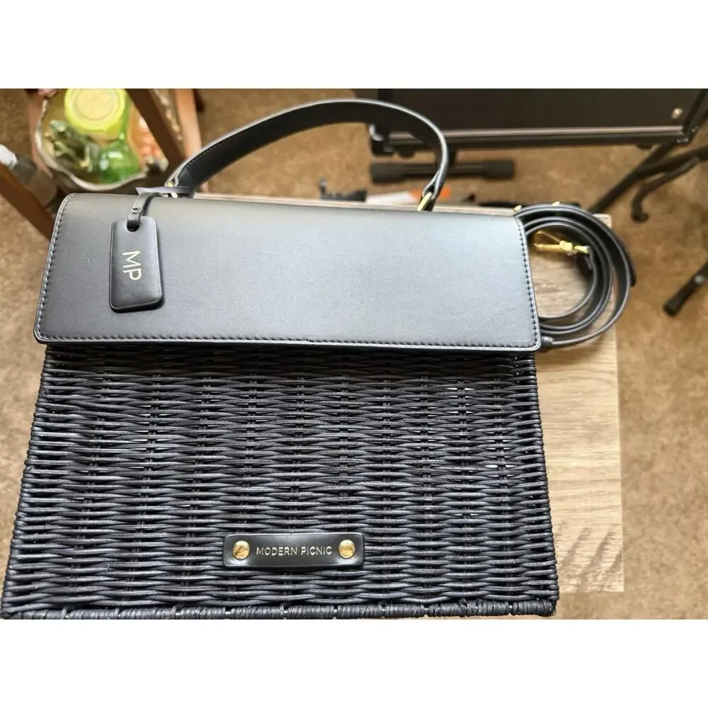 Modern Picnic The Luncher Rare Luxury Lunch Bag Black Wicker with Handle /Strap
